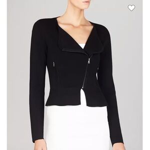 BCBGMaxAzria Navy Blue Asymmetrical Zipper with Peplum Hem Knit Jacket